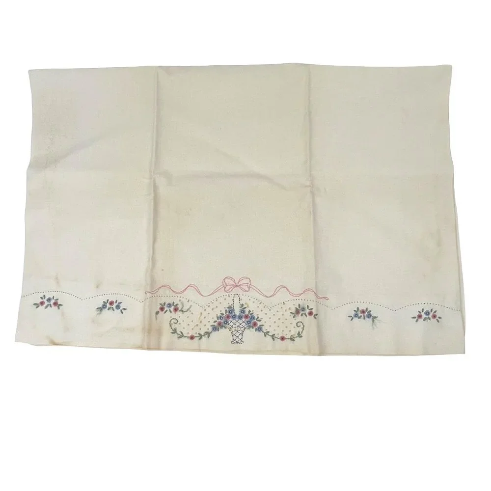 Vintage Hand-Embroidered Single Pillowcase Pink & Blue Floral Bouquet